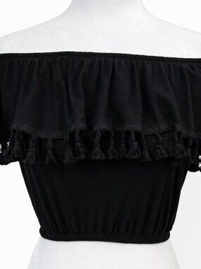 Black Off‑Shoulder Tassel Crop Top | Boho Festival Style | Ruffle Bardot Blouse